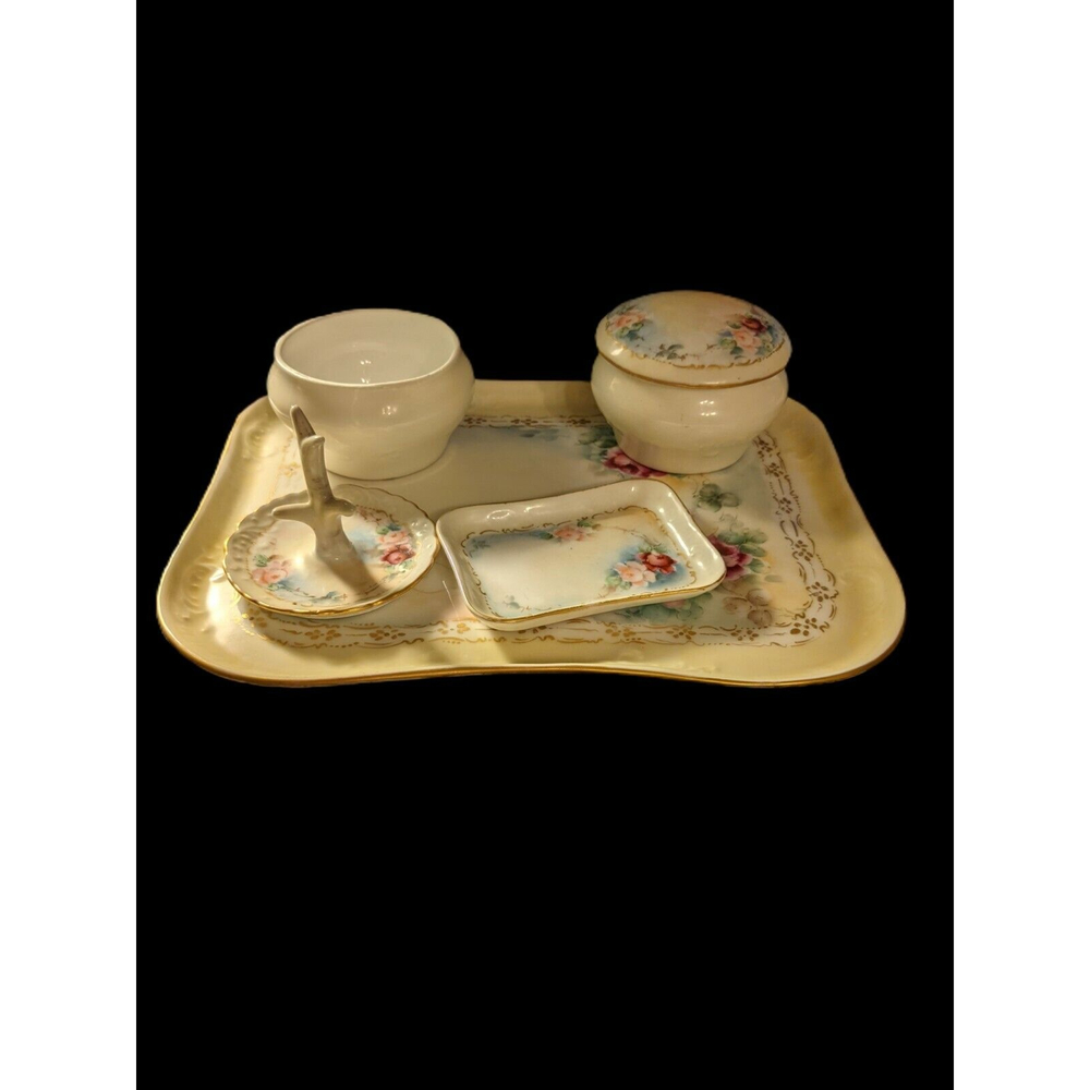 Antique Limoges France Signed Victorian Porcelain Dresser Set 6 pieces